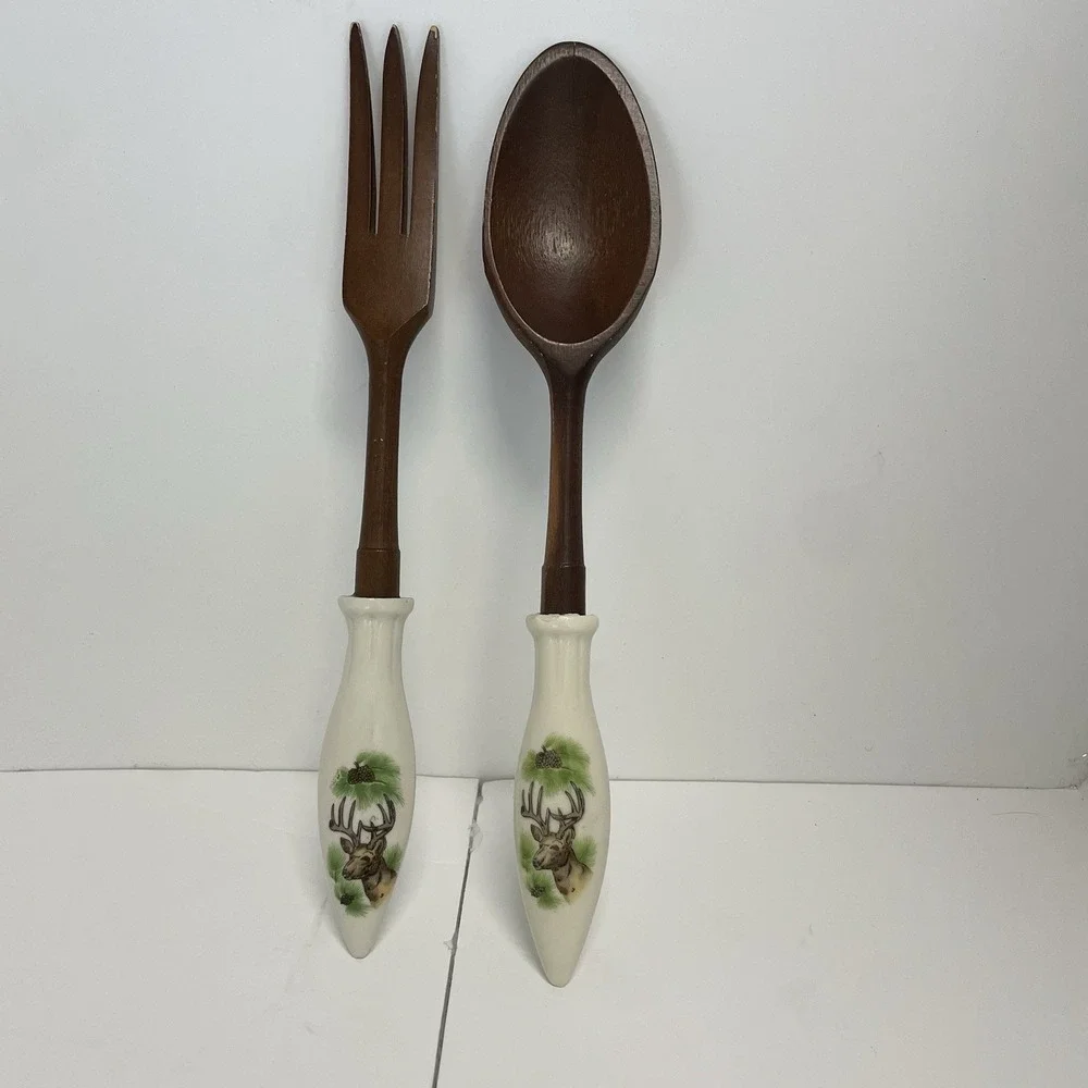 Mid-Century Salad Server Set Mackinac Is. Souvenir W/ Rustic Deer Approx. 11 In.